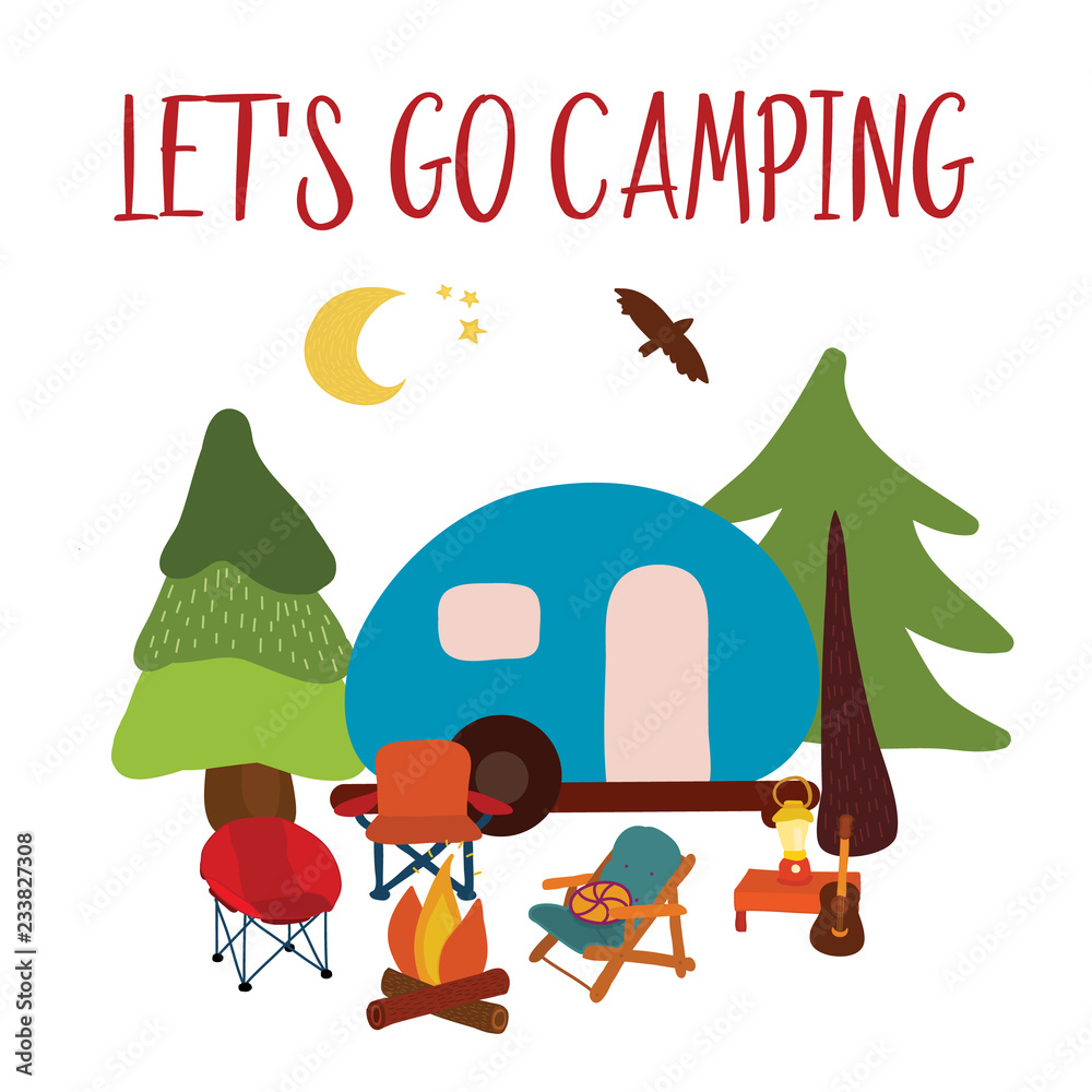 Lets Go Camping Travel Vector Illustration Summer Camping Blue