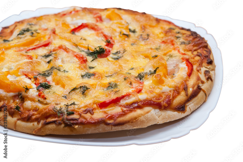 Appetizing pizza on a plate close up, on a white background