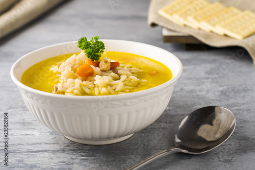 Canvas Print Chicken & rice soup, comfort food in good health and bad.