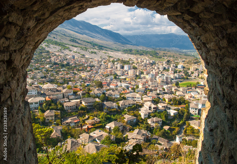 View of Old Town Gjirokaster from the castle, UNESCO World Heritage Site, Albania - obrazy, fototapety, plakaty 