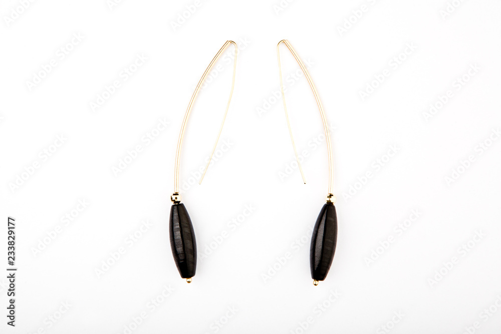 gold earrings black agate stone white background nobody 