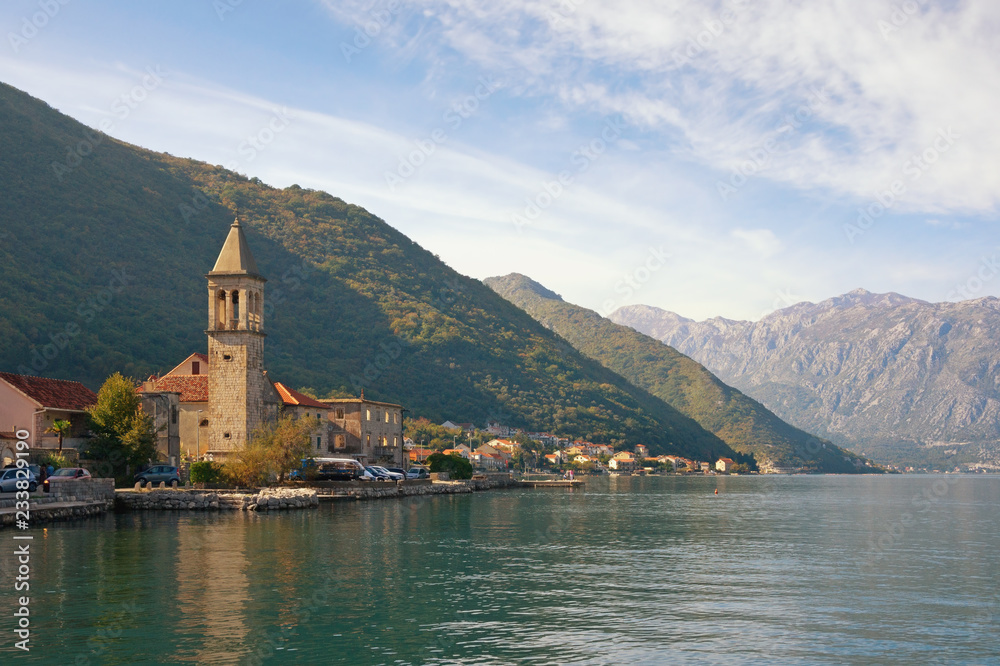 Beautiful Mediterranean landscape. Montenegro, Adriatic Sea, Bay of Kotor.  View of ancient town of Stoliv and Name of Mary Church