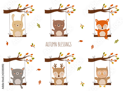Happy Thanksgiving Collection. Perfect for greeting card, poster or flyer for holiday. Funny animals on a swing