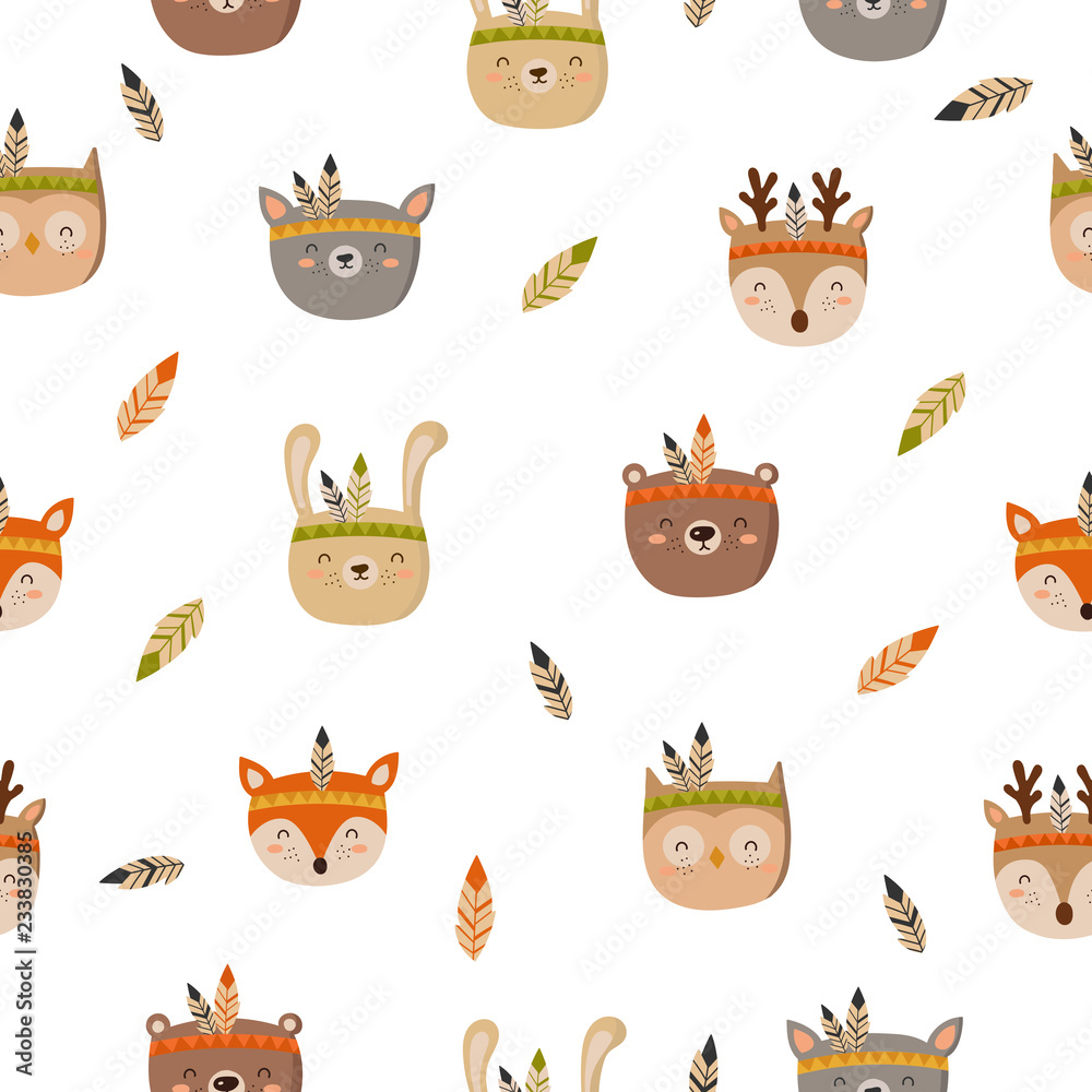 Naklejka premium Seamless pattern with tribal animals on a white background. Doodle illustration. Thanksgiving day, autumn holiday, baby shower