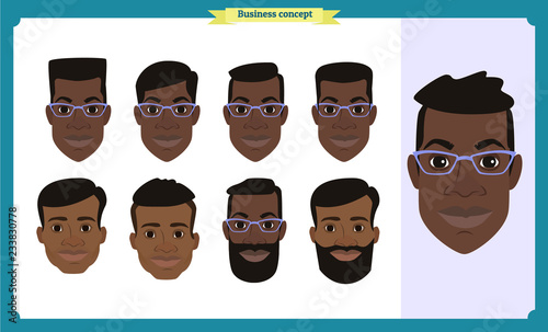 Group of working people, business black american man avatar icons.Flat design people characters.Business avatars set. Isolated vector. Face template for design, animation.Smiling.People
