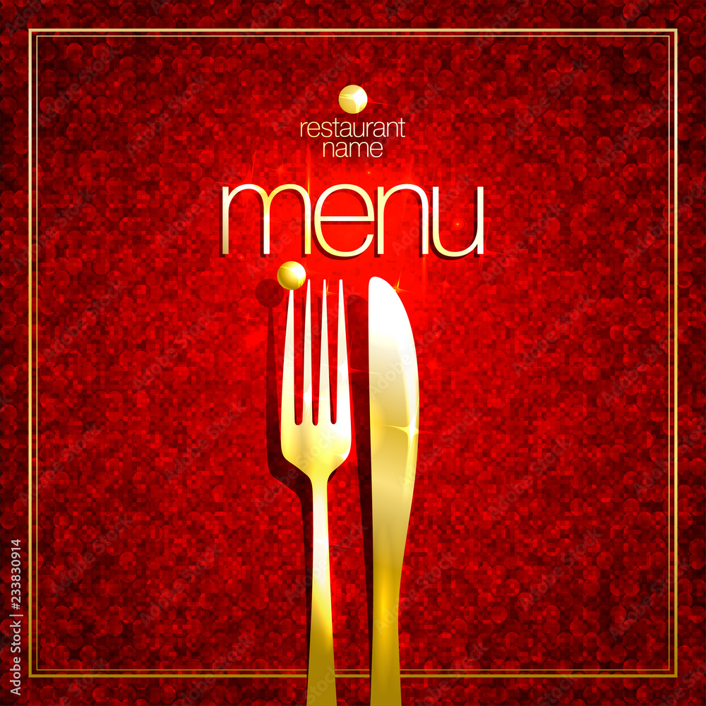 Restaurant menu card cover design with golden fork and knife against mosaic  background Stock Vector | Adobe Stock