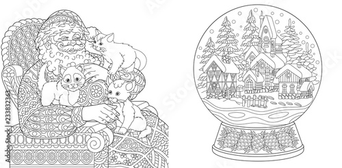 Coloring pages with Santa Claus and magic snow ball