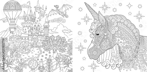 Coloring pages with fairytale castle and magic unicorn
