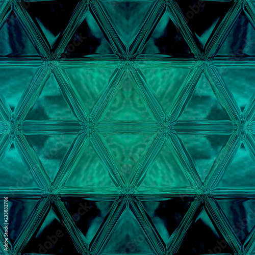 transparent teal line of stained glass triangles elements on dark background  with copy space