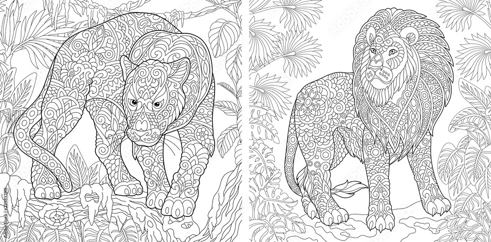 Obraz premium Kolorowanki z panterą i lwem