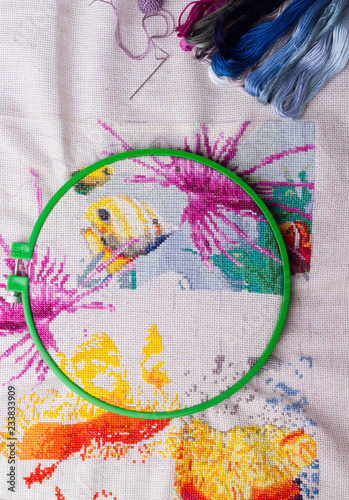 The process of working on a piece of embroidery.