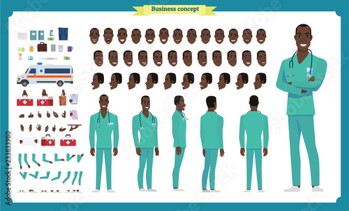 Front, side, back view animated black american character. Doctor character creation set with various views, face emotions, poses and gestures. Cartoon style, flat vector illustration.