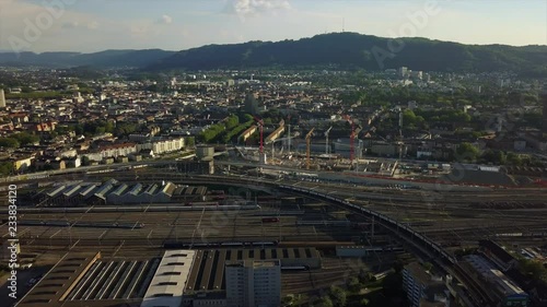 sunny day zurich city train station railways construction aerial panorama 4k switzerland 
 photo