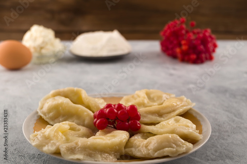 Boiled dumplings stuffed in a plate, red berries viburnum.