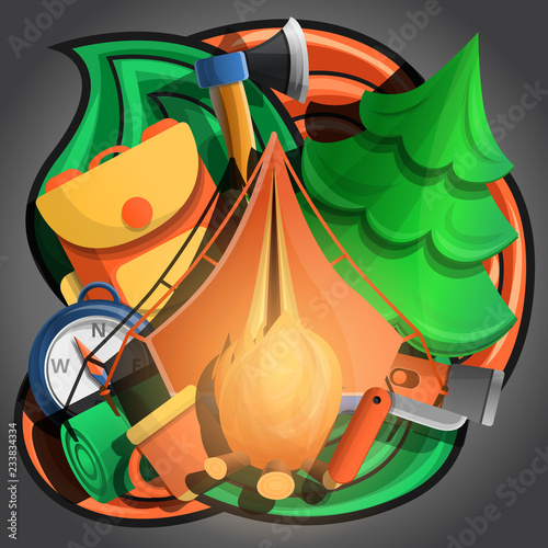 Doodle icon set on camping theme, vector illustration