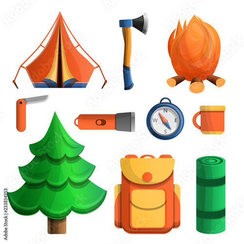 Doodle icon set on camping theme, vector illustration