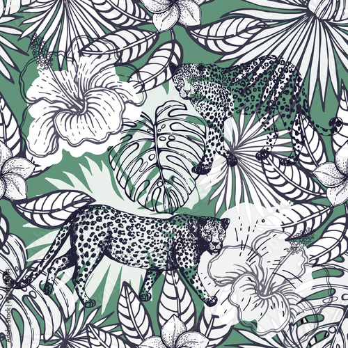 Seamless pattern of hand drawn sketch style exotic flowers, plants and leopards. Vector illustration.