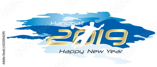 Handball 2019 Happy New Year gold logo icon watercolor blue white background