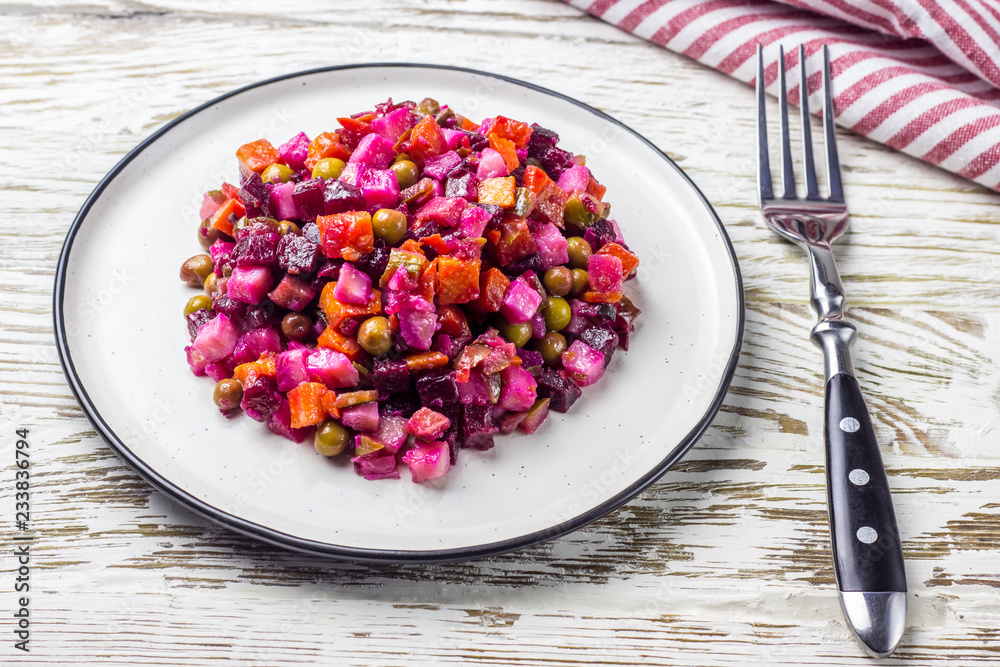 Salad from the beet. Vinaigrette is a traditional Russian salad made from beets and vegetables. Salad from the beet. Vinaigrette is a traditional Russian salad made from beets and vegetables.