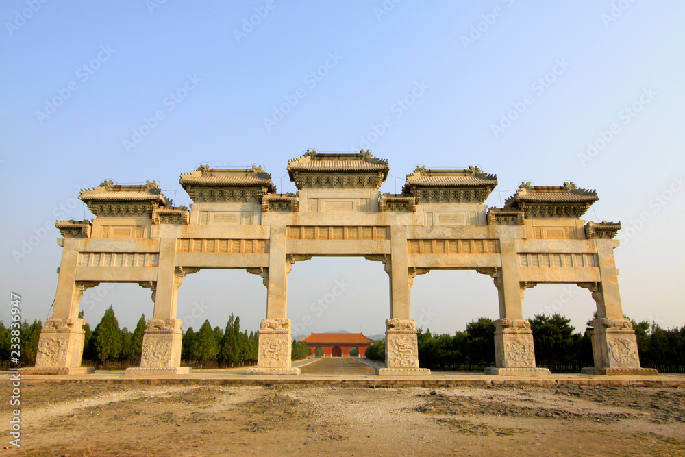 traditional Chinese style white marble arch landscape architecture, Eastern Tombs of the Qing Dynasty, China..