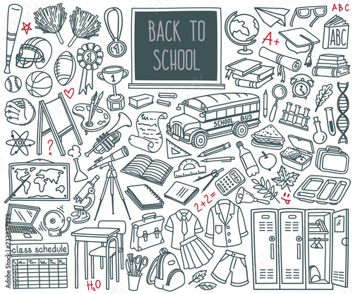 Back to School doodle set. Sport, art, reading, science, geography, biology, physics, maths, astronomy, chemistry. Hand drawn vector illustration isolated on white background.
