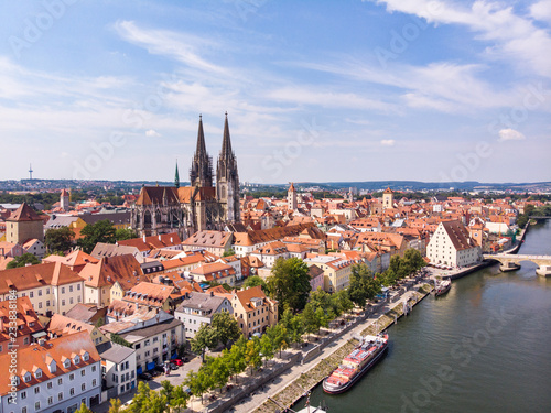 Aerial photography of Regensburg city, Germany. Danube river, architecture, Regensburg Cathedral and Stone Bridge photo