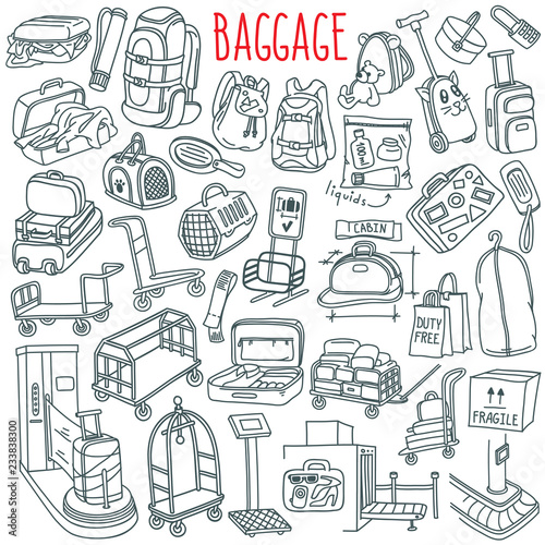 Baggage doodle set. Variety of travel luggage, bags, cases, suitcases, backpacks, transportation carts, pets carriers. Hand drawn vector illustration isolated on white background.