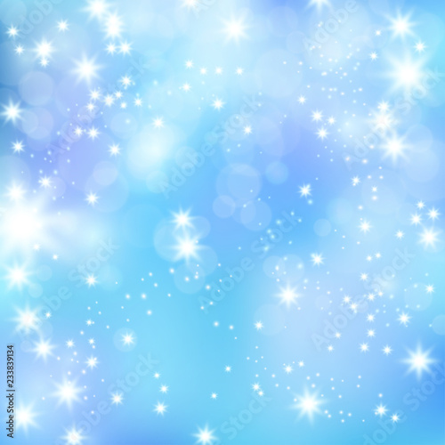 Sky blue sparkling vector background.  Magical clouds and blurred sundogs  fresh  clean day dream theme. Azure misty soft shine. Starry inspiring heaven backdrop  Christmas crystal winter wallpaper.