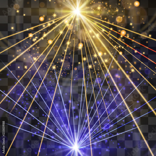 Strobing laser lights vector background. Dancing, club music event banner design, galactic illumination style. Technology, retro theme blue and yellow energy flashes, beams, futuristic illumination.
