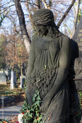 Historic Statue on the mystery old Prague Cemetery, Czech Republic