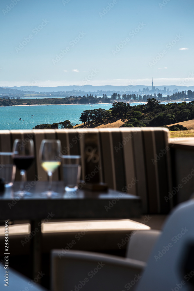 Waiheke Island Winery with Auckland, New Zealand in the background