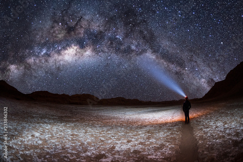 A person at night,  shining a light on the Milky Way Galaxy in the Valley of the Moon or Valle de la Luna in San Pedro de Atacama, Chile.   photo