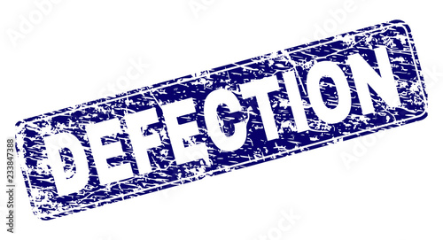 DEFECTION stamp seal print with distress style. Seal shape is a rounded rectangle with frame. Blue vector rubber print of DEFECTION title with unclean style.