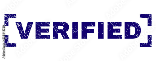 VERIFIED title seal watermark with grunge texture. Text title is placed inside corners. Blue vector rubber print of VERIFIED with unclean texture.