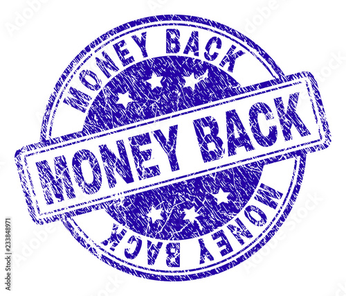 MONEY BACK stamp seal imprint with distress texture. Designed with rounded rectangles and circles. Blue vector rubber print of MONEY BACK caption with unclean texture.