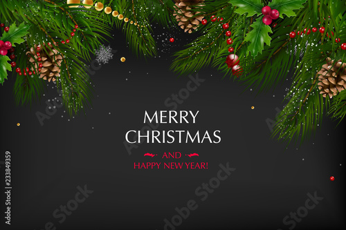Christmas card with a composition of festive elements such as gold star, berries