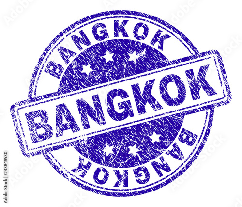 BANGKOK stamp seal imprint with grunge texture. Designed with rounded rectangles and circles. Blue vector rubber print of BANGKOK tag with grunge texture.