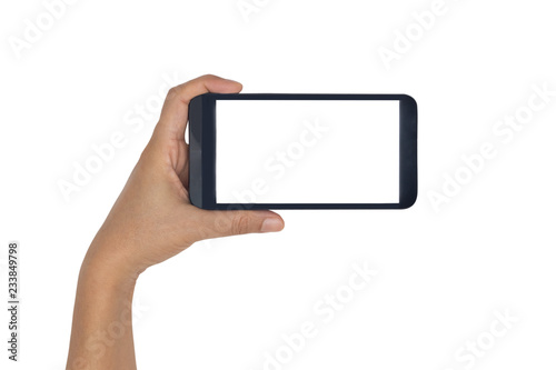 hand holding smartphone isolated on white.