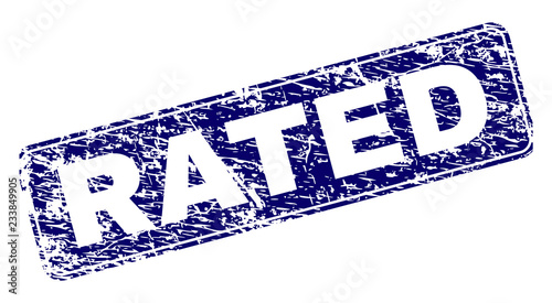 RATED stamp seal print with grunge style. Seal shape is a rounded rectangle with frame. Blue vector rubber print of RATED title with grunge style.