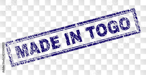MADE IN TOGO stamp seal print with rubber print style and double framed rectangle shape. Stamp is placed on a transparent background. Blue vector rubber print of MADE IN TOGO text with dust texture.