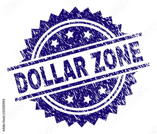 DOLLAR ZONE stamp seal watermark with distress style. Blue vector rubber print of DOLLAR ZONE title with unclean texture.
