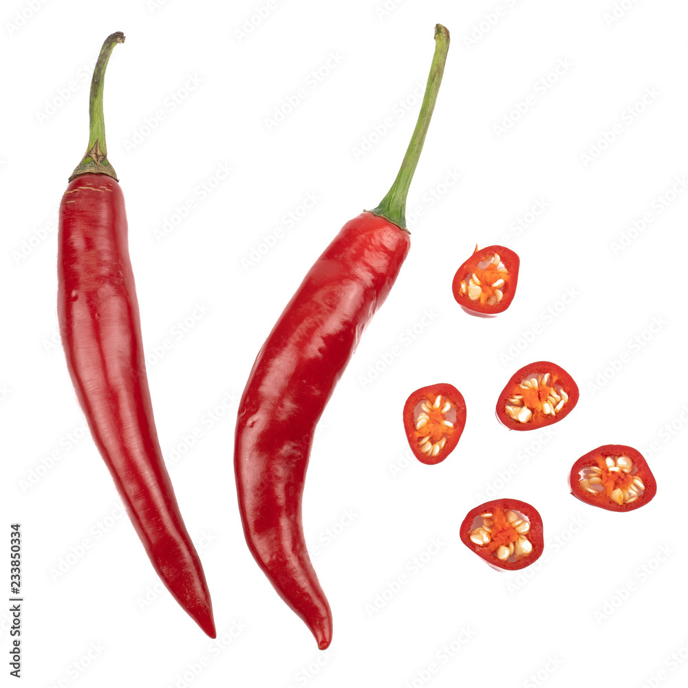 Fresh Red chili pepper with sliced isolated on white background, concept of vegetable ingredients in food.top view Fresh Red chili pepper with sliced isolated on white background, concept of vegetable ingredients in food.top view