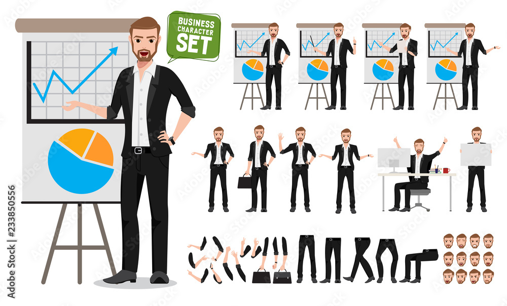 Male business vector character set. Business man cartoon character creation talking  business presentation with different poses and hand gestures isolated in white. Vector illustration.
