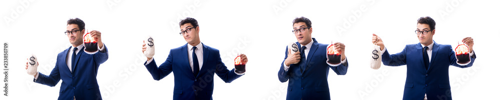 Businessman with blood bag isolated on white Businessman with blood bag isolated on white