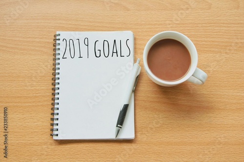 Top view of 2019 goals on notebook with hot chocolate on wood table on white wall background,flay lay.