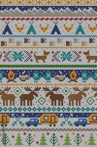 Seamless Vector Fair Isle Knit Happy Camper Winter Wonderland Woodland Animals in Blue + Turquoise