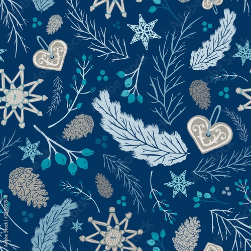 Seamless Vector Holiday Folk Floral with Straw Ornaments, Gingerbread, Pine Cones in Tan, Blue, Teal