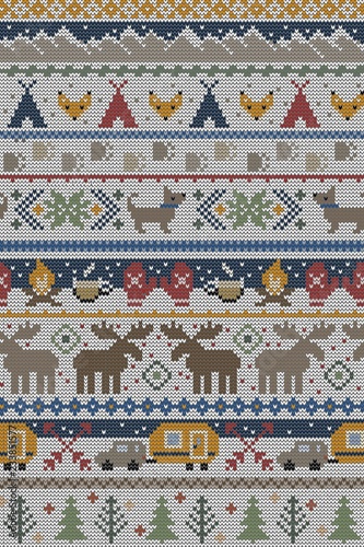 Seamless Vector Fair Isle Knit Happy Camper Winter Wonderland Woodland Animals in Brown, Red, Green