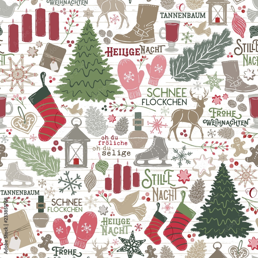 Seamless Vector German Christmas Holiday Traditions in Red, Green, Brown on Shiplap Wood Planks