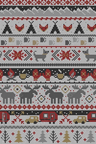 Seamless Vector Fair Isle Knit Happy Camper Winter Wonderland Woodland Animals in Gray, Red, Brown